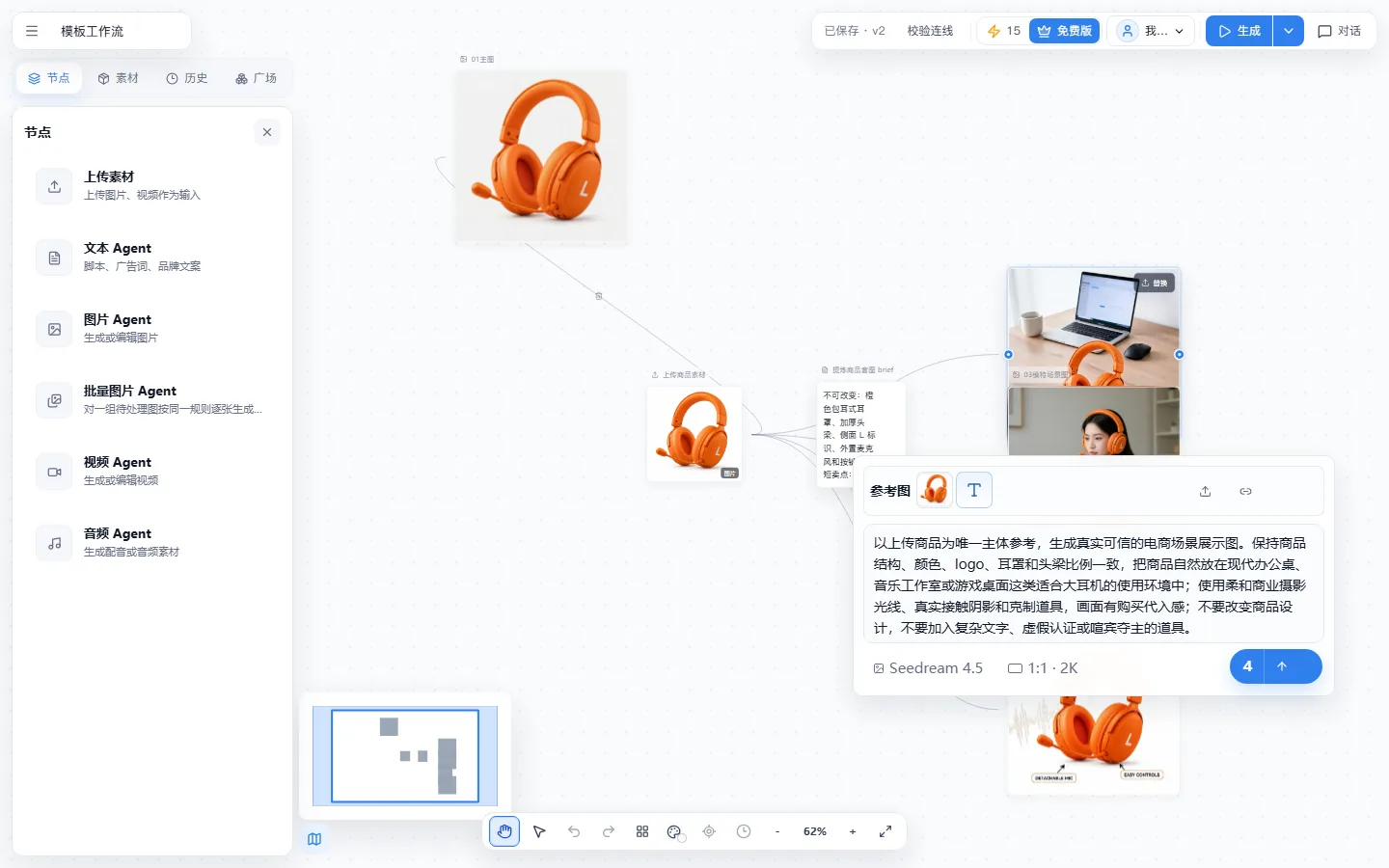 商品主图工作流中从上传素材到多张结果图的节点连线界面