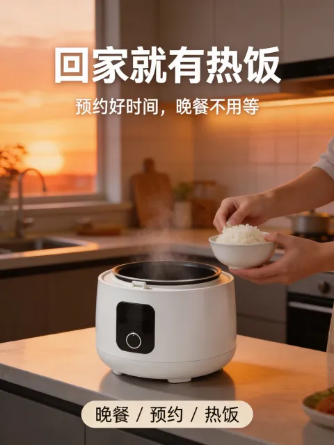 电饭锅详情页场景屏「回家就有热饭」