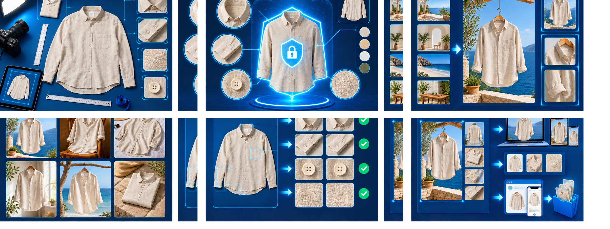 AI 服饰商品图从原图准备到细节复核和导出的六分区流程图