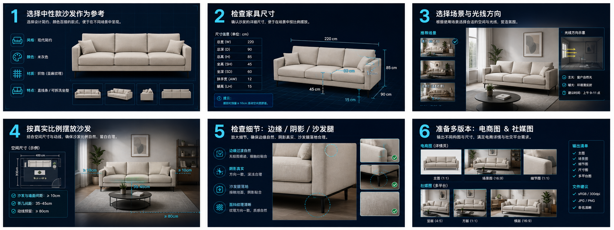 AI 家居商品场景图从资料准备到多比例导出的六分区流程图